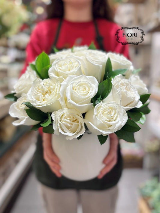 White Rose Arrangement - White Container