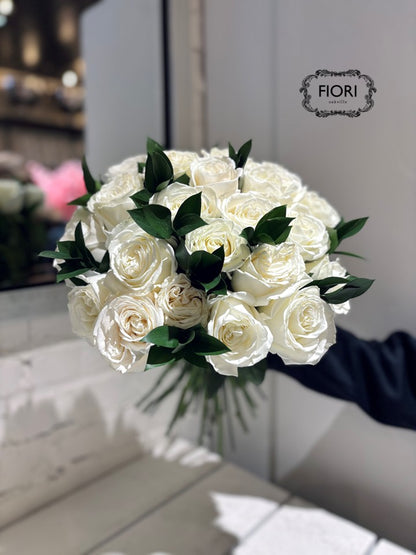 White Rose Arrangement - White Container